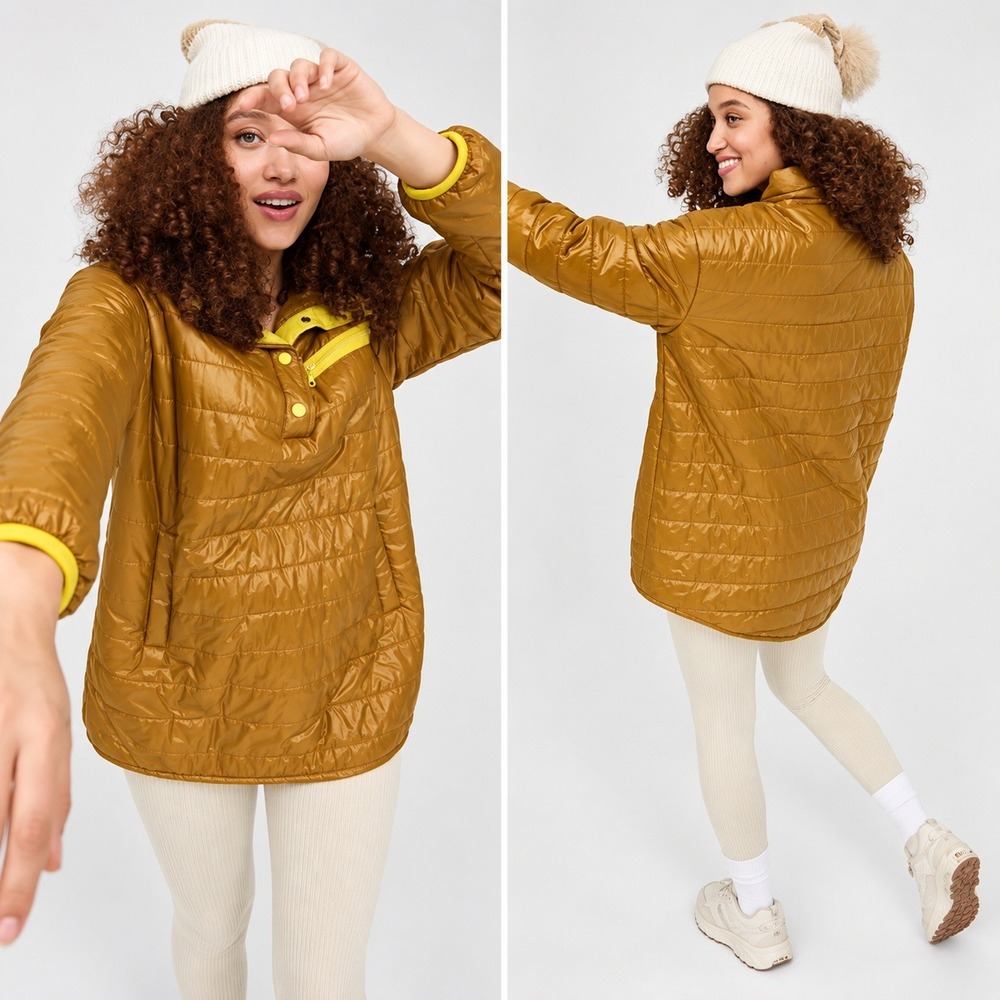 OFFLINE by Aerie Oh Snap Quilted Puffer Pullover Jacket Mustard Yellow Large